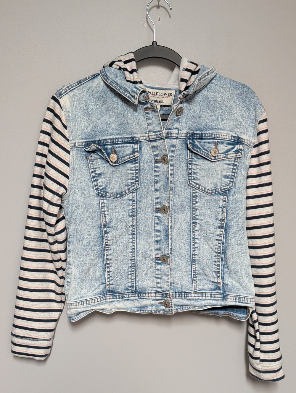 Wallflower Light Blue Denim Jacket with Black & White Striped Hoodie Sleeves